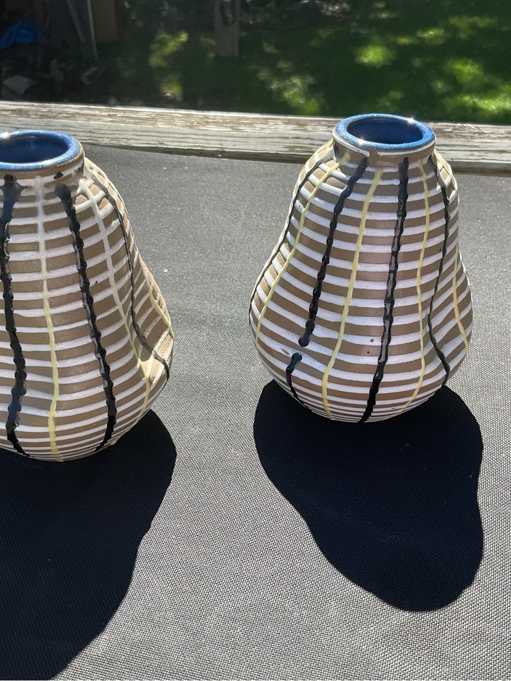 Vintage MCM Japanese striped pinched pottery vases 2